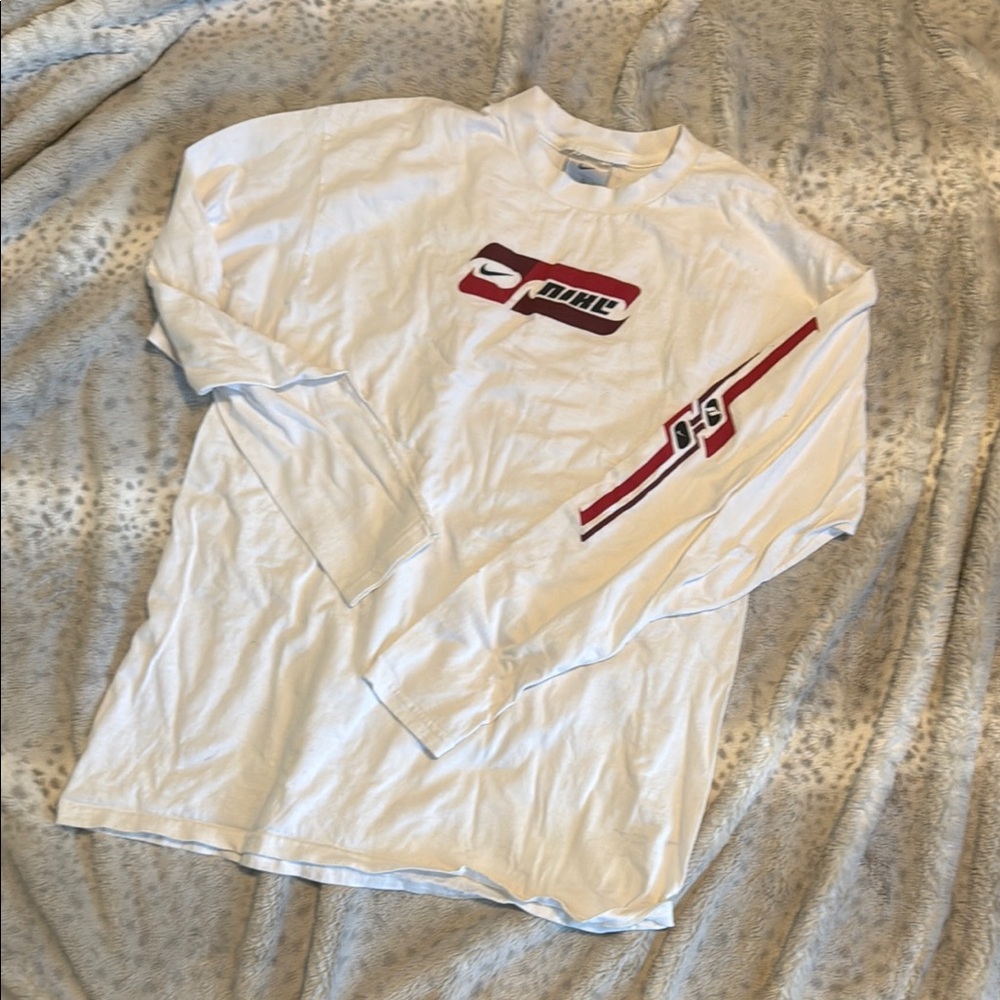 Nike White and Red Long Sleeve Tee with Graphic Design